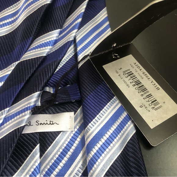 New NWT Paul Smith navy blue white silk stripes collegiate tie Italy Retail $228 - Picture 3 of 5